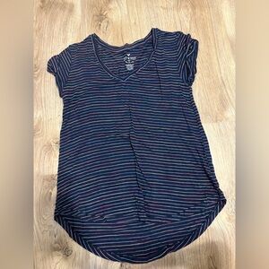 American Eagle Blue and Multicolored Striped Short Sleeve Soft & Sexy T-Shirt